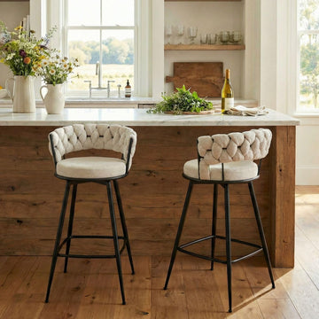 Bar Stools Set of 2, 28.7 inch Seat Height Bar Chairs, 360° Swivel Counter Height Barstools with Woven Back and Arm