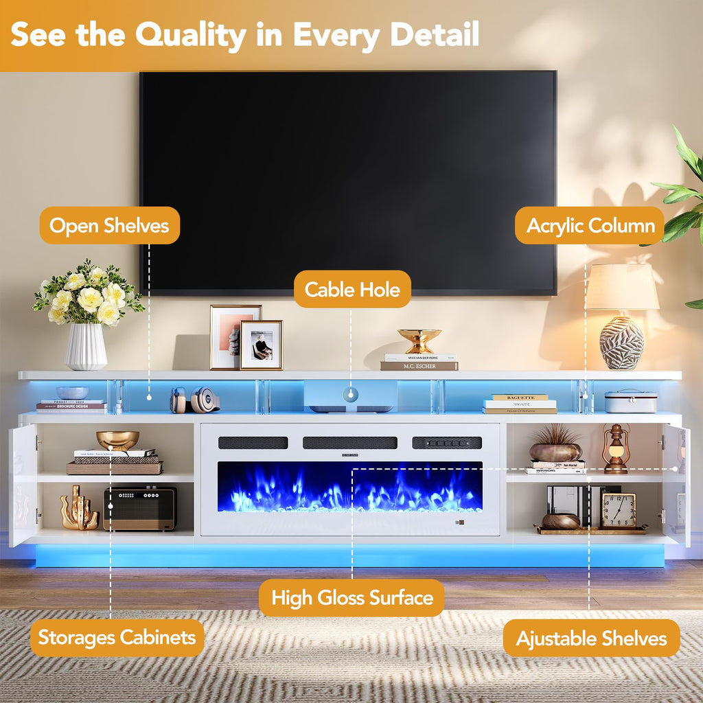 80", 36" Electric Fireplace with Adjustable Flames & Double LED Lights, Remote Control, Storage Cabinet with High