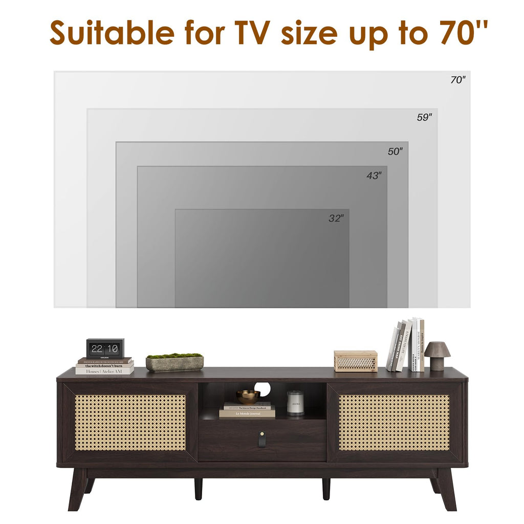 Rattan TV Stand for TVs, Wood TV Stand Mid Century Modern TV Stand TV Media Console with Drawer and 2 Cabinets, Boho