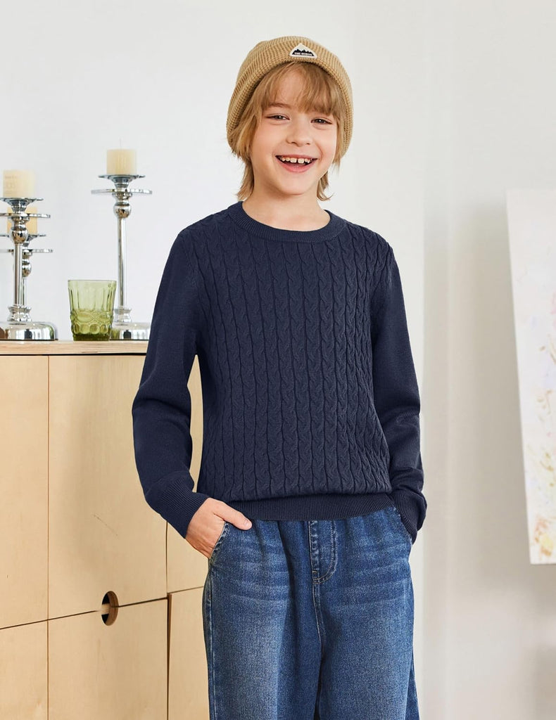Boys Sweater Long Sleeve Cable Knit Crewneck Pullover Winter Tops