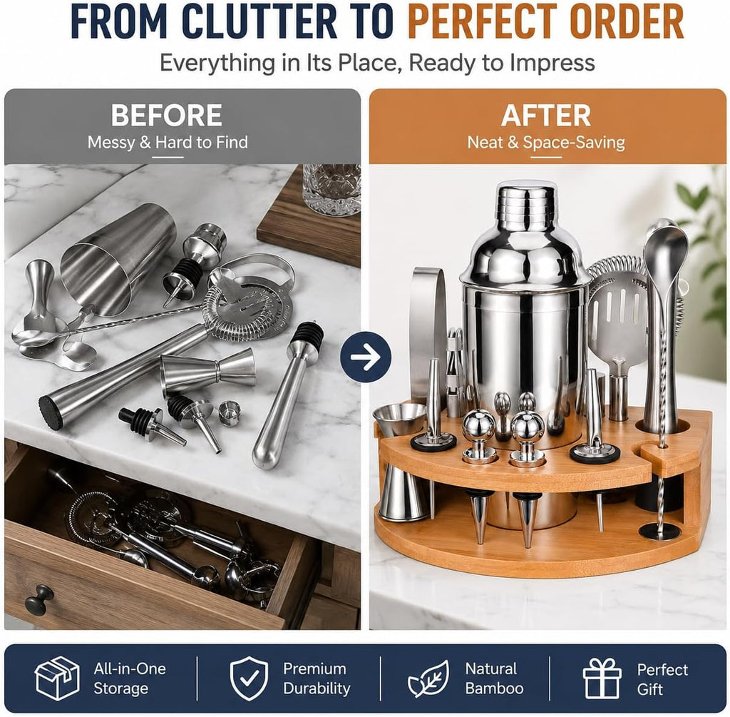 Cocktail Shaker Set with Bamboo Stand, 12-Piece 25oz Stainless Steel Bartender Kit, Martini & Margarita Bar Tools - Set of 12