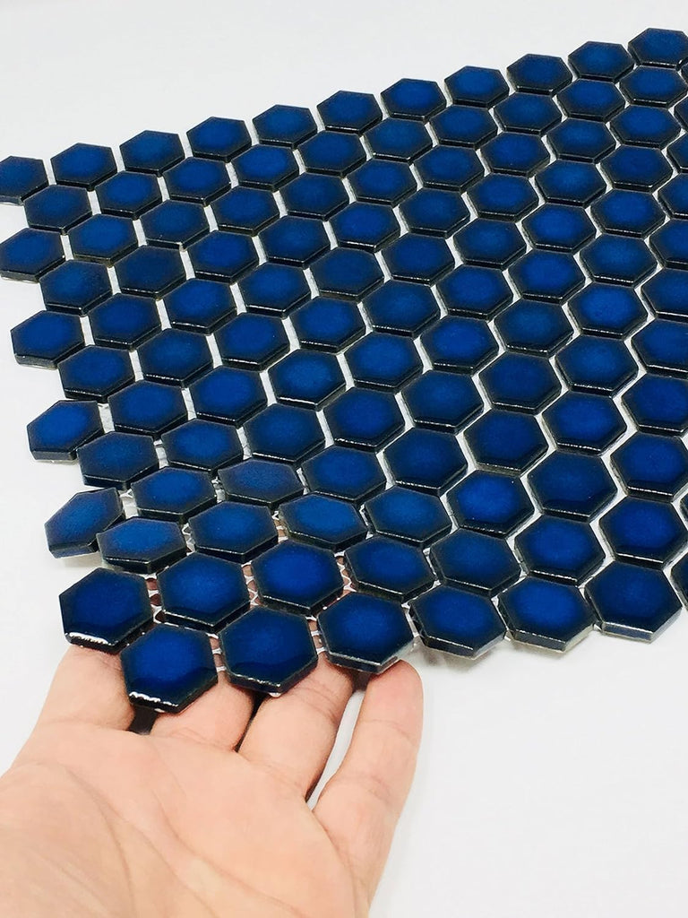 Hexagon Cobalt Blue Porcelain Mosaic Wall Floor Tile Glossy Look 1'' inch (Box of 10 Sheets) Backsplash, Bathroom