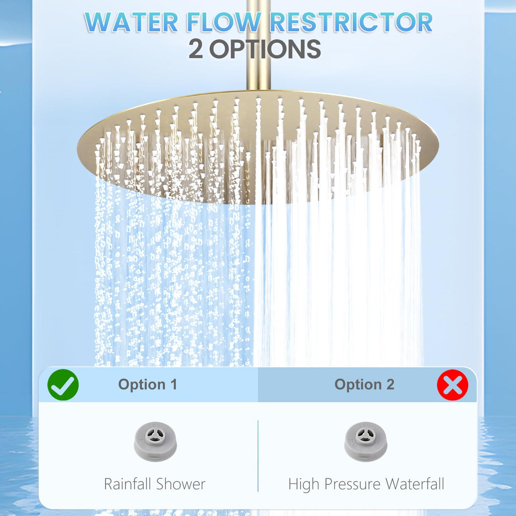16 inch Brushed Gold Round Rain Shower Head, All Metal Stainless Steel 304, Ultra Thin Design, Full Body Rainfall