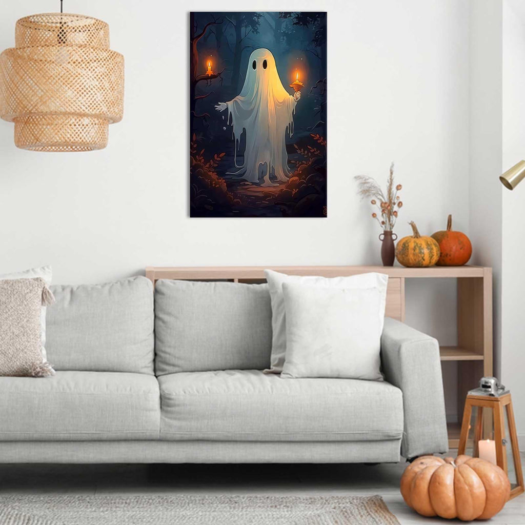 Retro White Ghost Posters Cute Horror Scary Wall Art Halloween A White Ghost Holding A Candle In A Dark Forest Prints