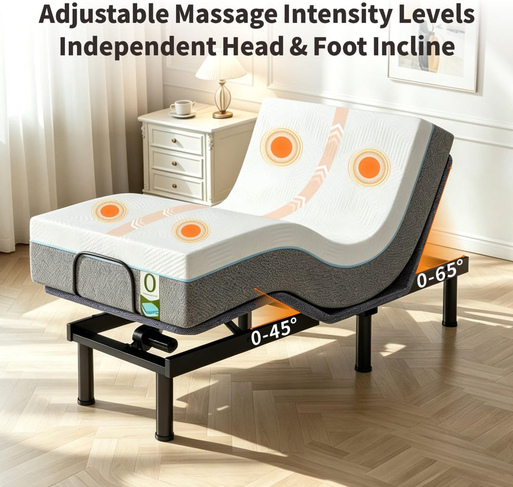 Twin XL Adjustable Bed Frame with Massage, Electric Bed Base with Wireless Remote, Head/Foot Incline, Zero Gravity