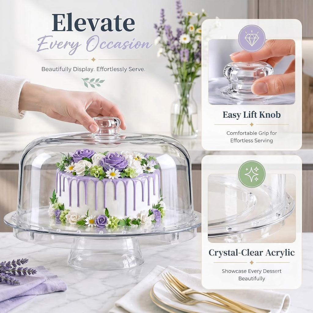 12 Inch Clear Acrylic Cake Stand With Lid, Versatile Reversible Design
