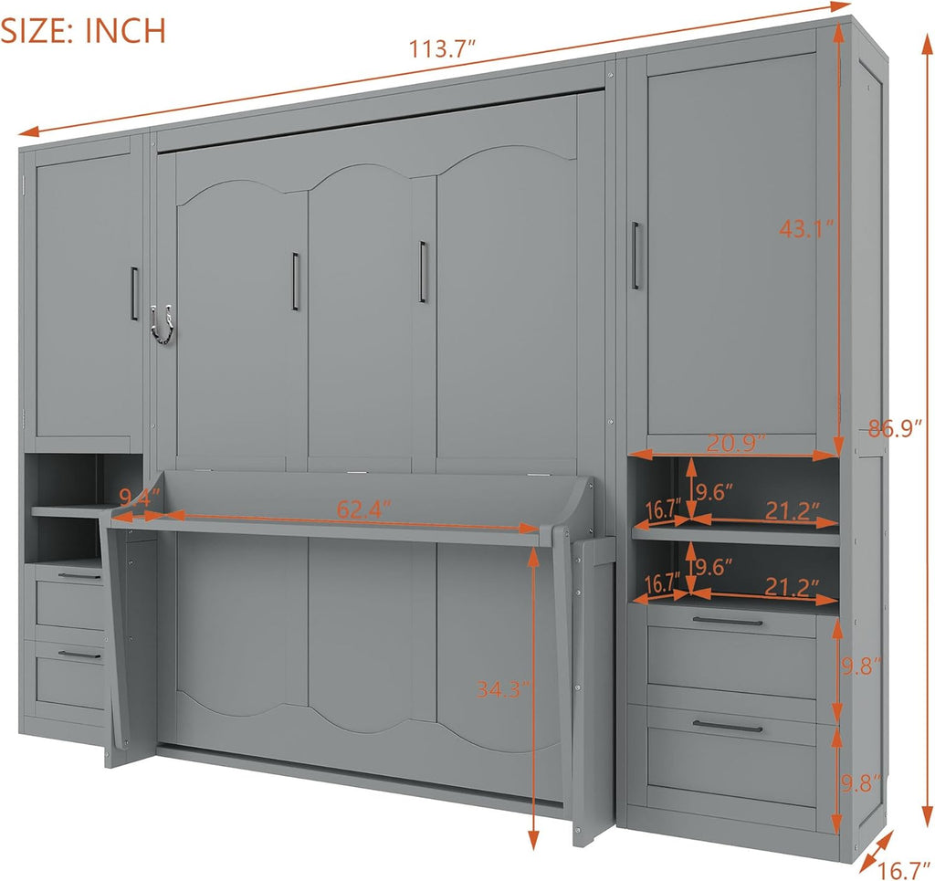 Queen Murphy Bed with Desk, Multifunctional Foldable Wall Bed with Closet, Drawers and Shelves, Space-Saving Wood