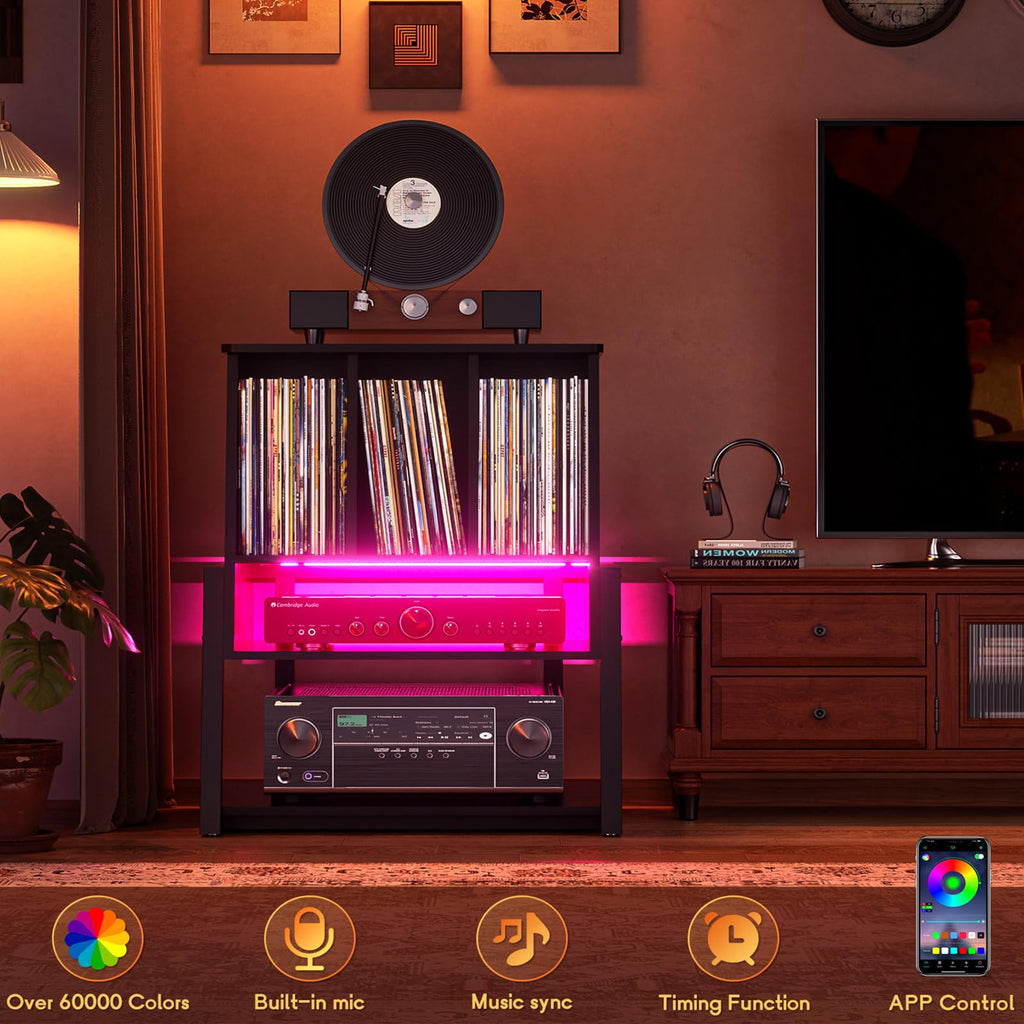 Record Player Stand with Power Outlet, Black