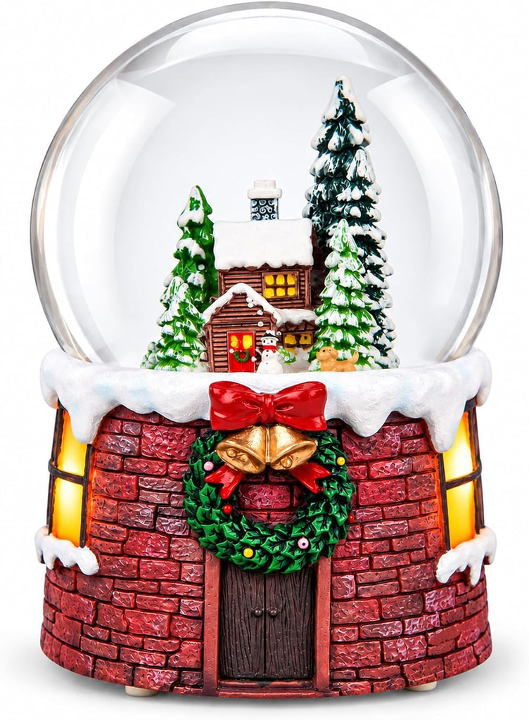 Christmas Snow Globe Music Box with Light, Falling Snow and Silent Night, Christmas Village Cottage Musical Snow