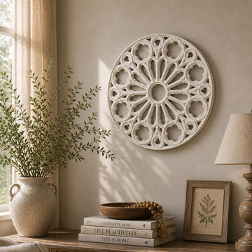 Round Hand-Carved Wood Wall Art, Floral Geometric Design, 16 Inch