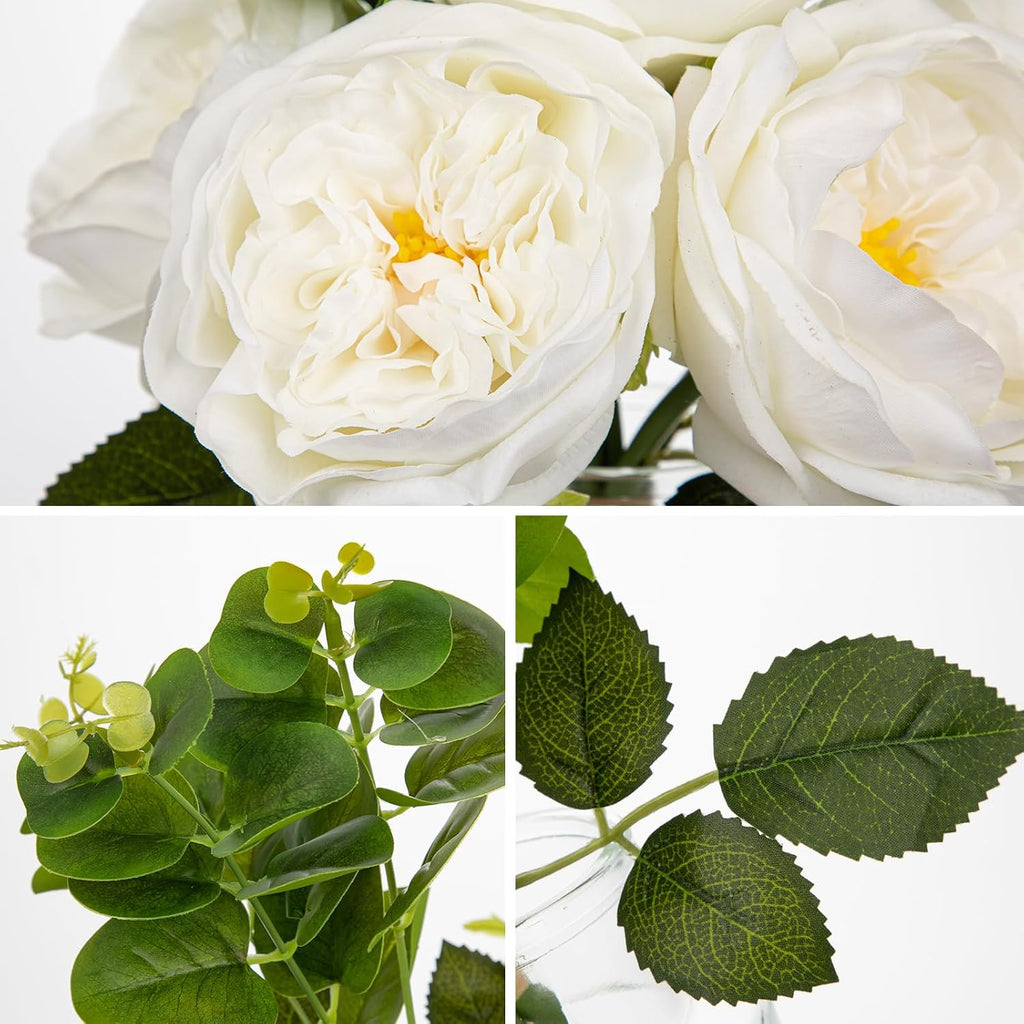 Real Touch Peonies Artificial Flowers Arrangements in Vase White Fake Peonies with Glass Vase Silk David Austin Roses