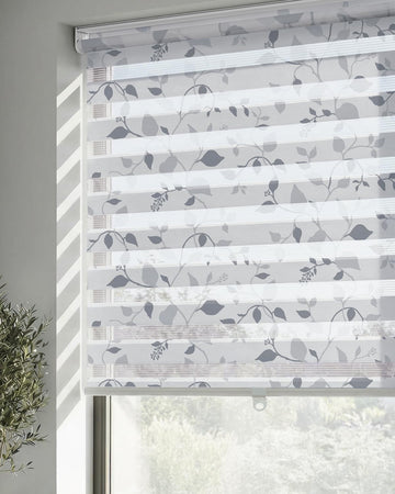 Cordless Zebra Blinds for Windows, Foggy Laurel, 27" W x 72" H | Patterned Dual Layer Free-Stop Roller Shades for