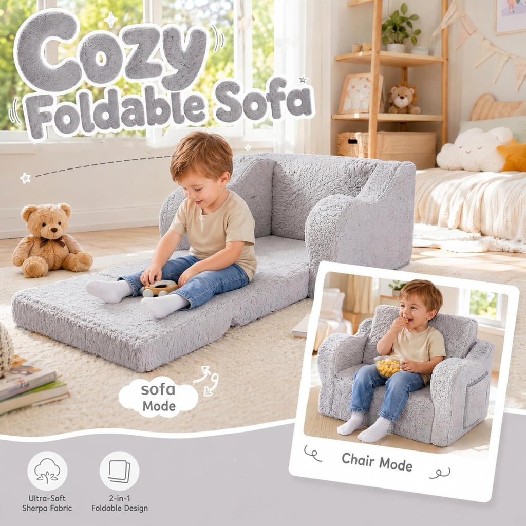 Kids Sofa Chair, in-1 Foldable Couch, Sherpa, Grey