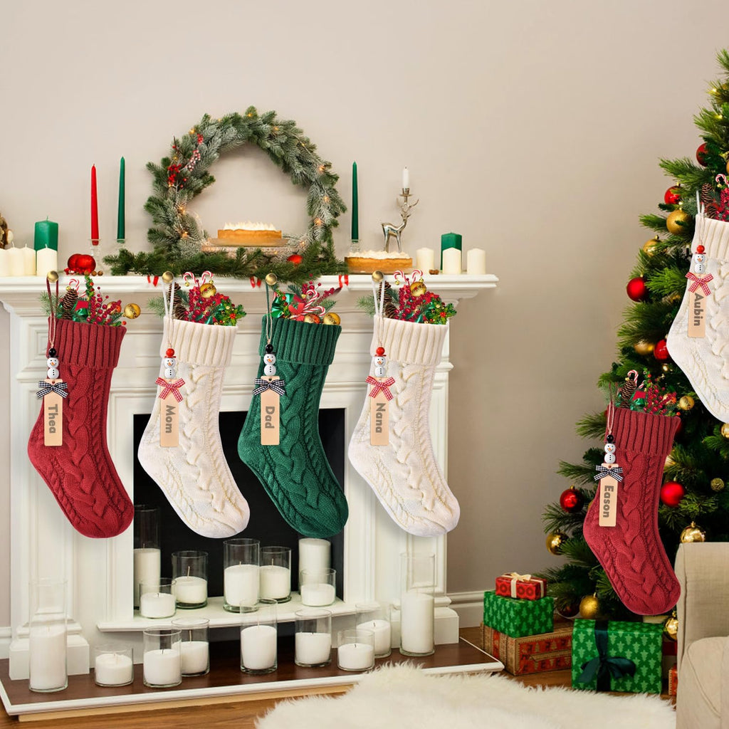 S, Personalized Stocking Set with DIY Snowman Tags, Stockings Christmas 4 Pack , 18" Large Cable Knit Xmas - Set of 4