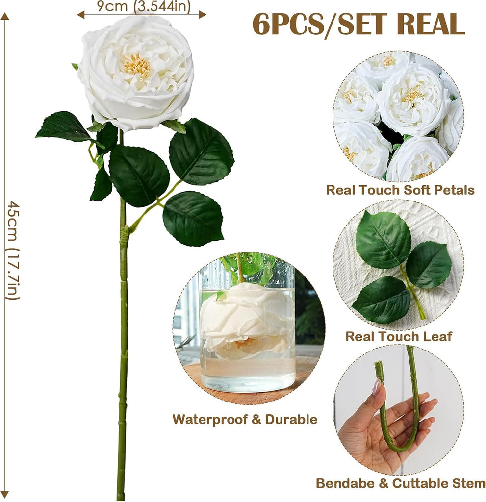 Peonies Artificial Flowers, 17'' Real Touch Peonies Fake Flower, David Austin Roses Fake Peonies in Pot Decor - Set of 6