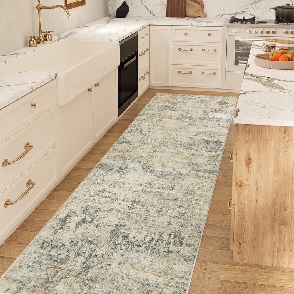 Grey Beige Runner Rug, Washable Carpet