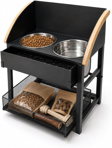 Elevated Dog Bowls for Large Breed Dogs with Storage Basket, 13 Inch Tilted Raised Dog Bowl Stand with Stainless
