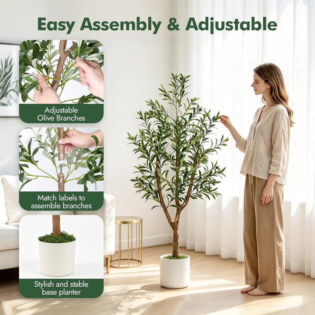 Olive Trees Artificial Indoor: 5FT Faux Olive Tree with White Tall Planter & Moss, Large Fake Plants with Natural