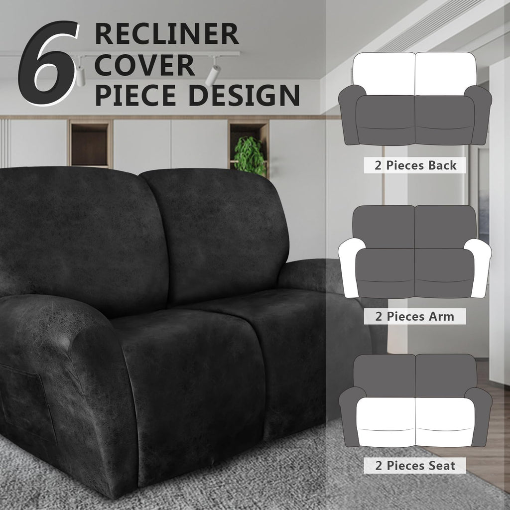 Loveseat Recliner Slipcover Large Size Oversized - 6 Pieces Stretch Leather Like Recliner Sofa Cover for 2 Seat Dual