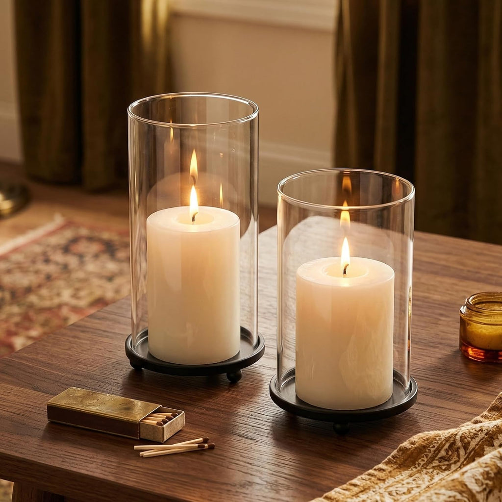 Hurricane Candle Holders Set of 2 - Pillar Candle Stands with Glass Sleeves for Fireplace Mantel & Dining Table