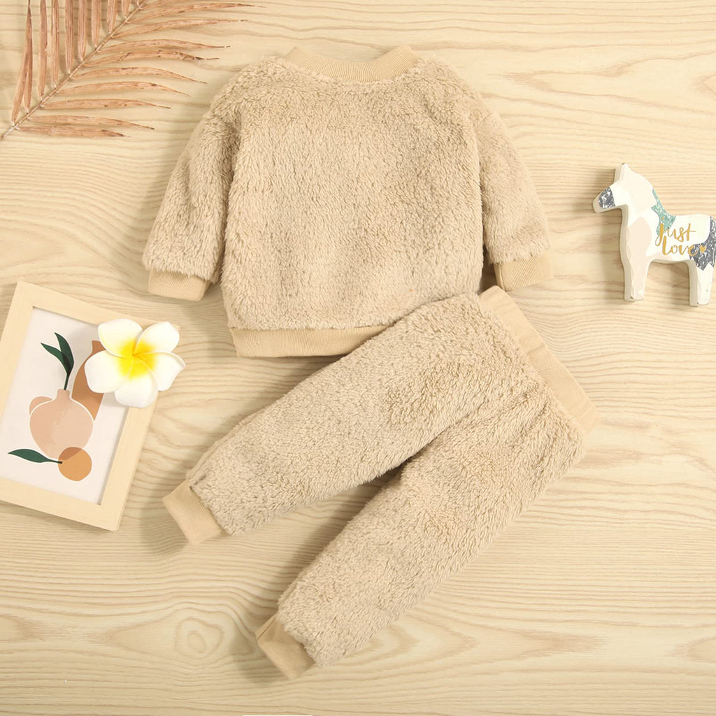 Toddler Baby Boy Girl Fleece Two Piece Clothes Long Sleeve Plush Pullover Sweatshirt+Trousers Set Cute Furry Outfit