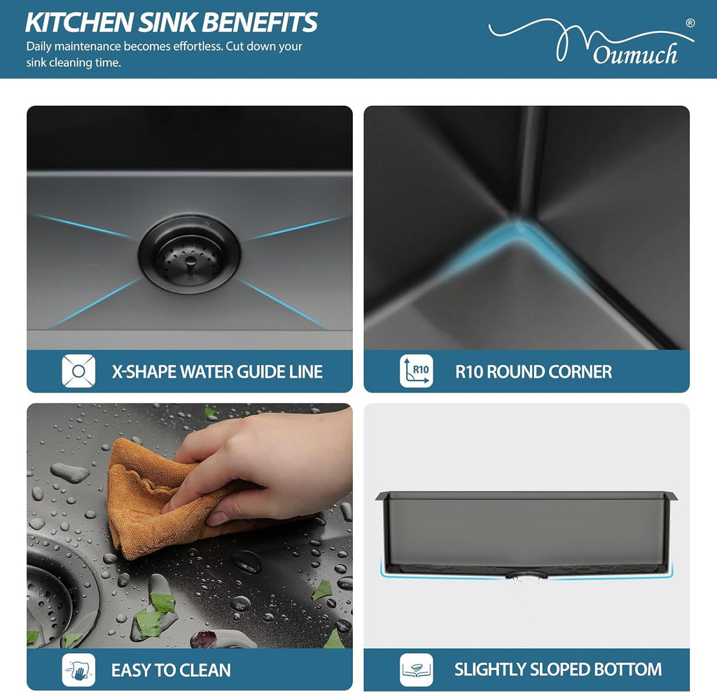 33" Black Undermount Stainless Steel Kitchen Sink Workstation | T304 Stainless Steel Handmade Workstation Undermount
