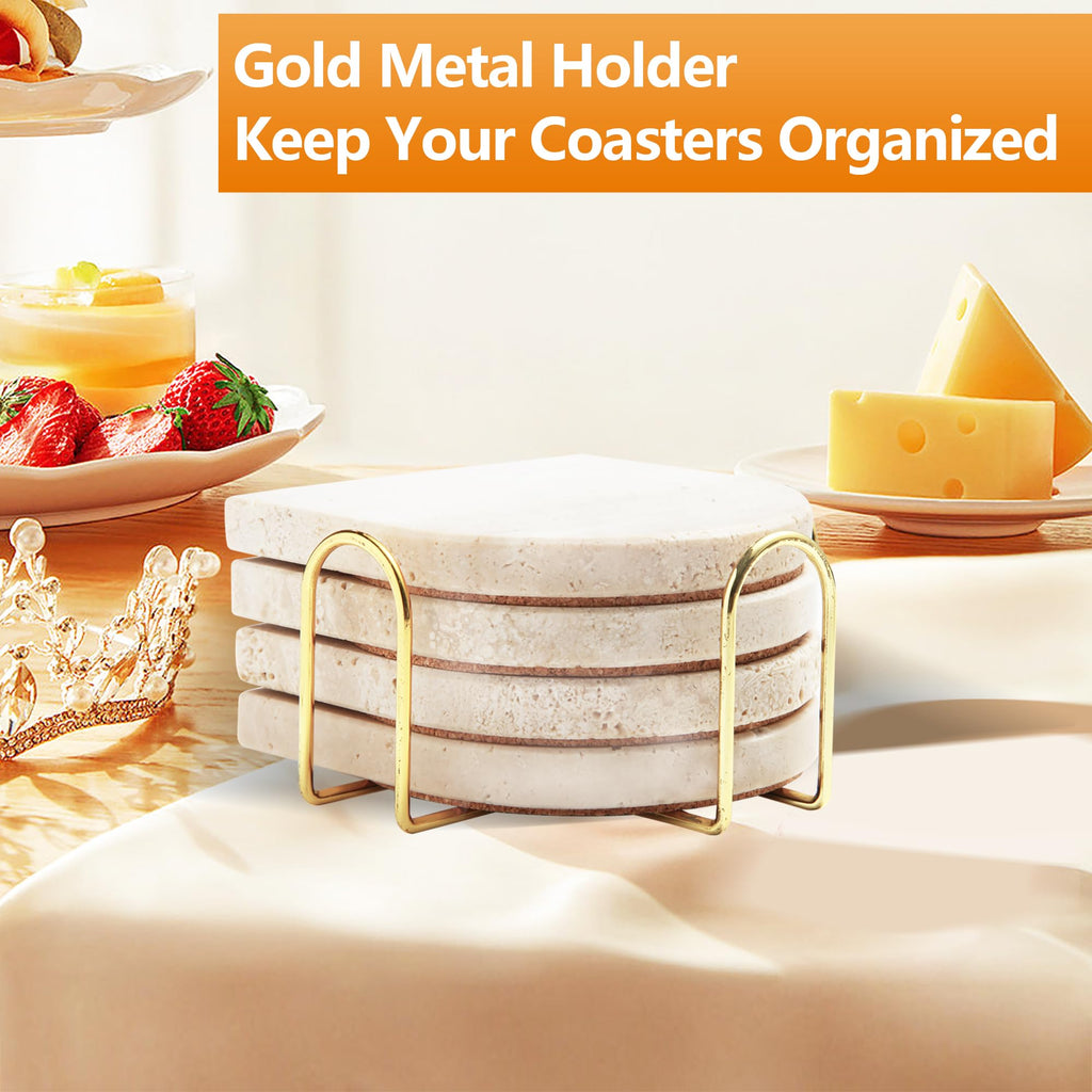4Pcs Travertine Coasters with Nature Limestone Material and Gold Metal Holder, 4"Diameter Toast Arch Shape Bar