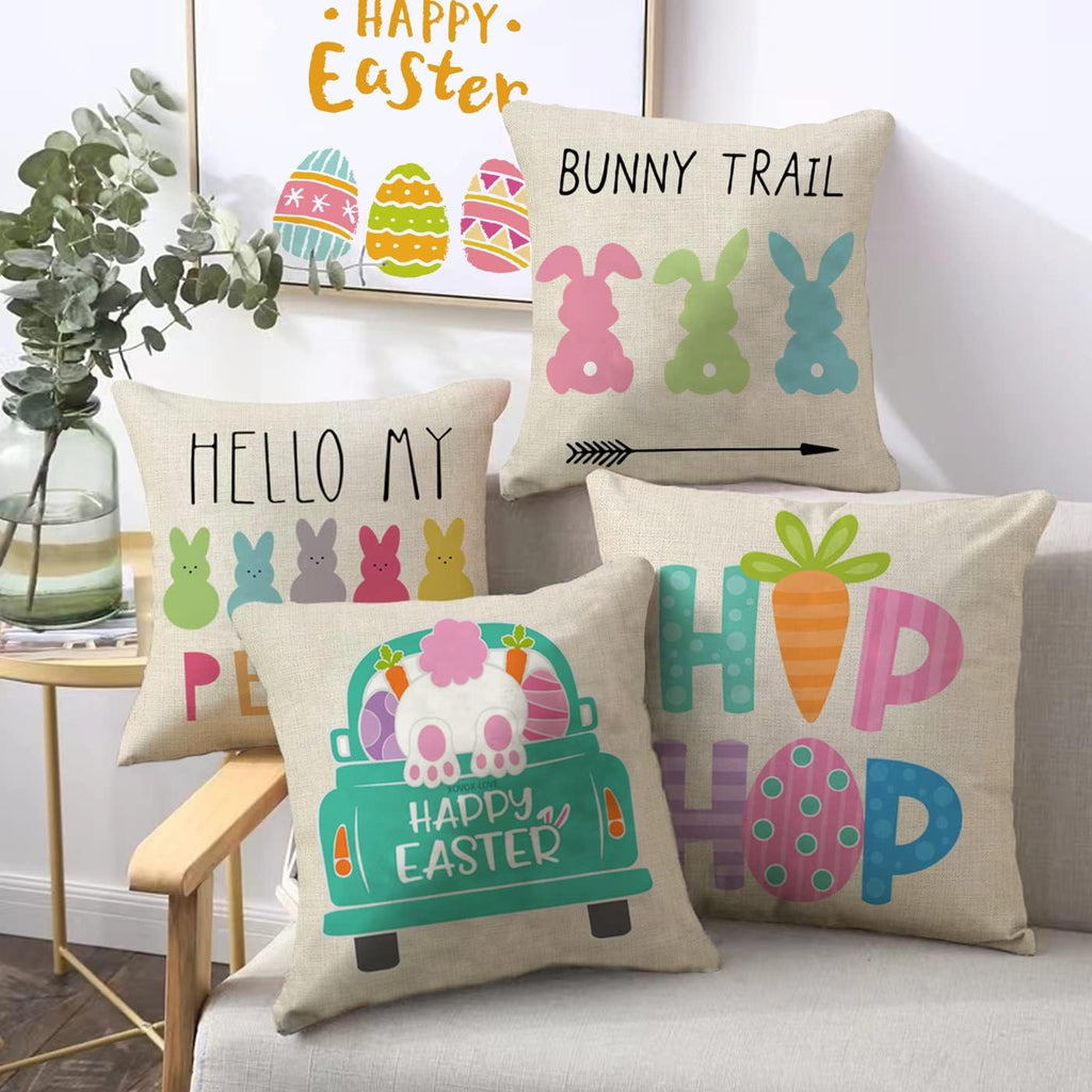 Easter Pillow Covers 18x18 Inch Set of Easter Decorations Bunny Truck Hello Peeps Hip Hop Spring Farmhouse Throw - Set of 4