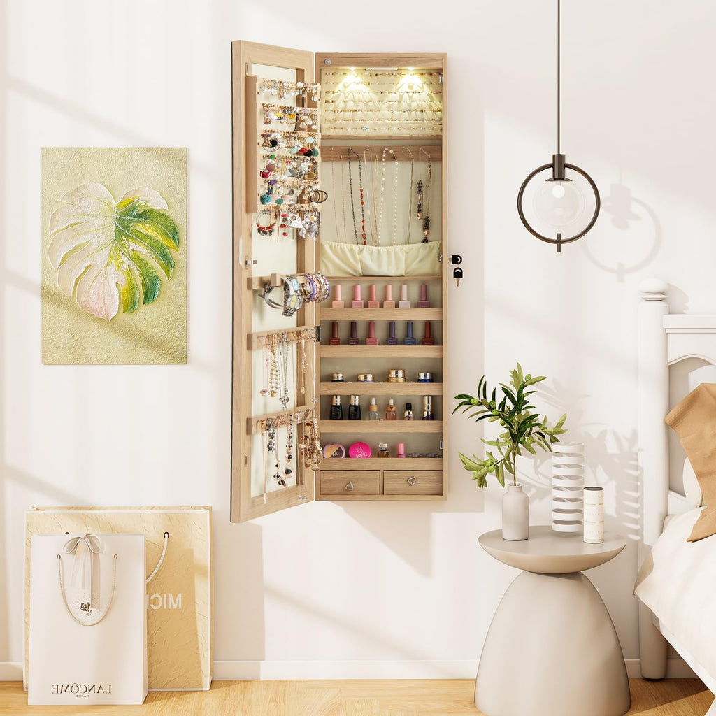 Wall Door Jewelry Armoire, 47.5" H Full Length Mirrored Jewelry Cabinet with 2 LED Lights and 2 Drawers, Lockable
