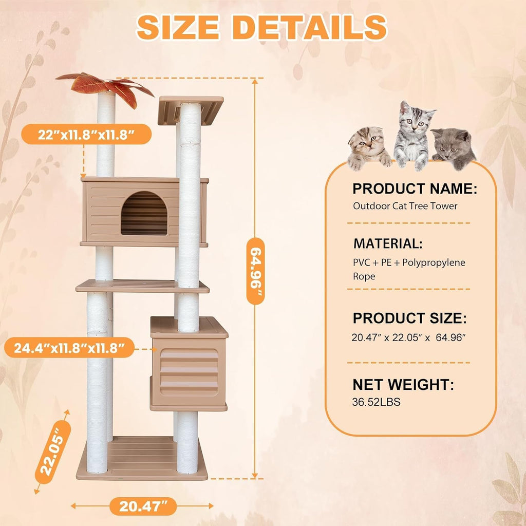 64in Weatherproof Outdoor Cat Tower, Multi Level with Two Large Cat Condos