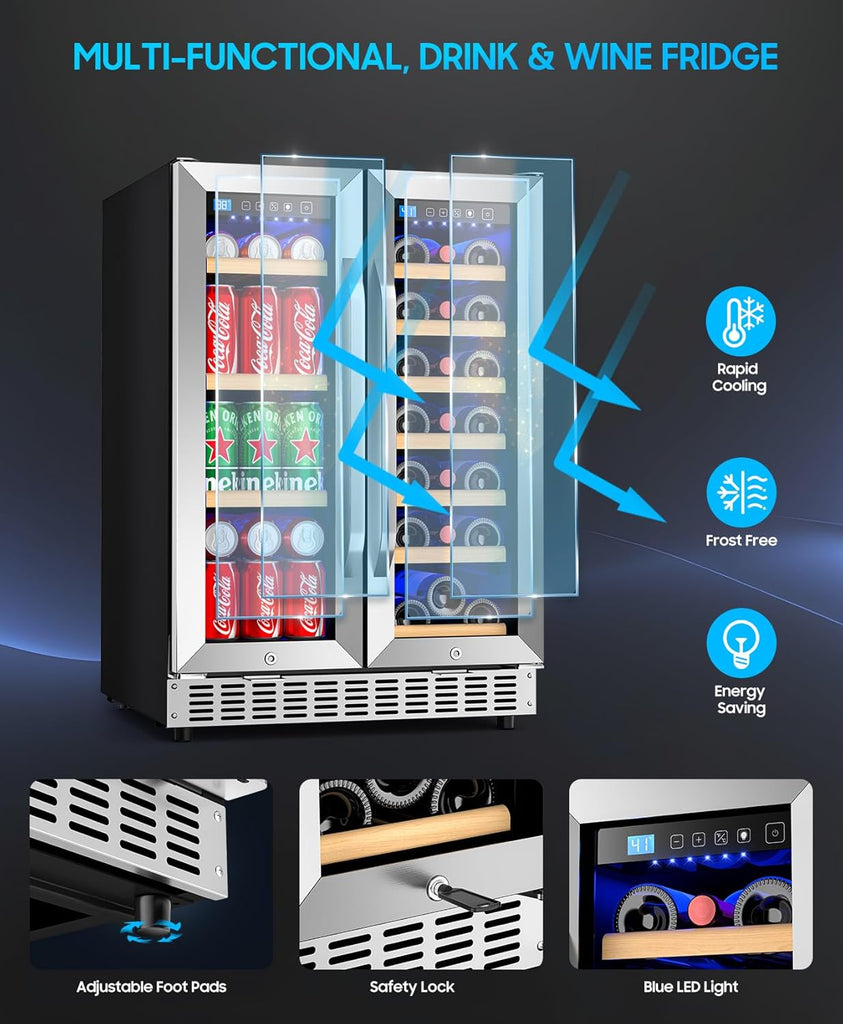 Wine and Beverage Refrigerator with Glass Door, 24-Inch Dual Zone Wine Fridge Un