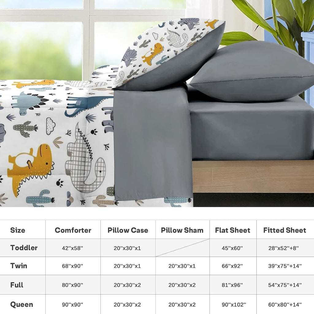 7 Pcs Comforter Set Full, Cute Dinosaur Dino Bedding for Kids Teen, Blue Yellow Dragon with Fitted Sheet 2