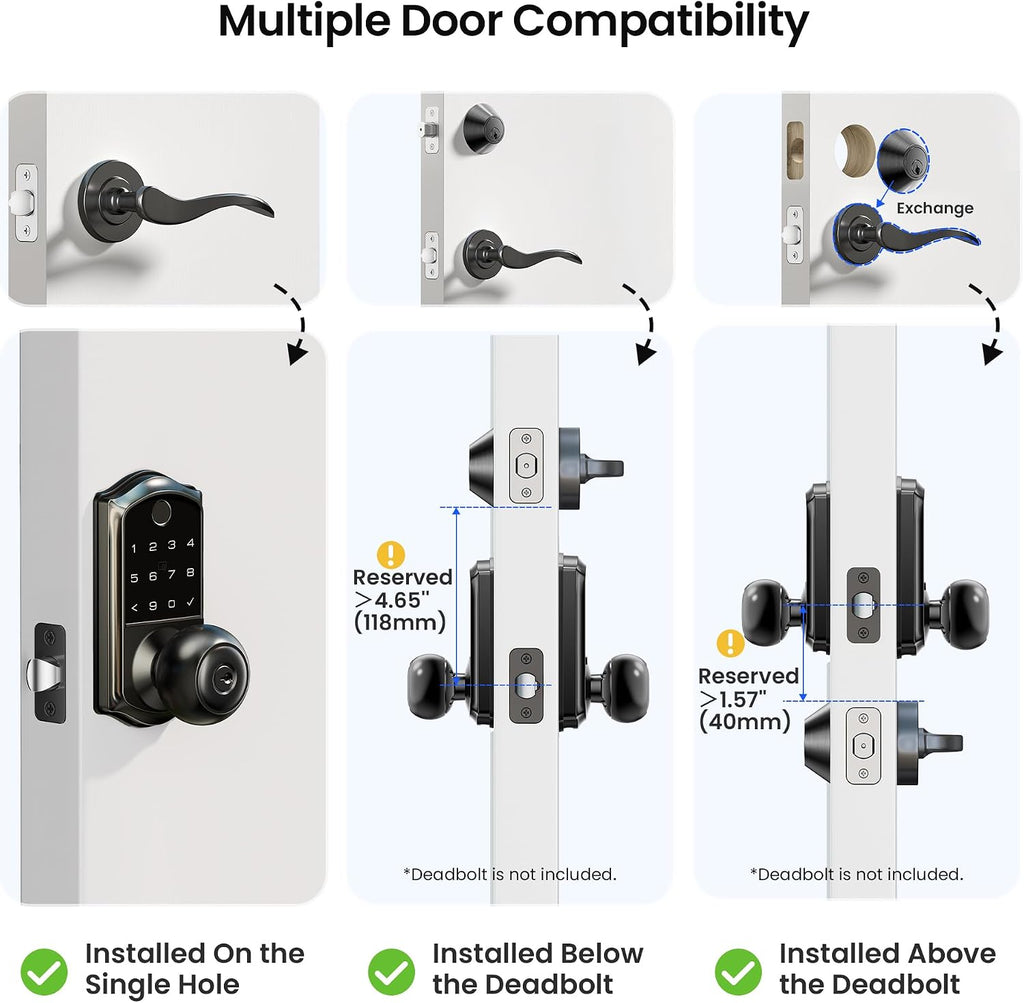 Fingerprint Keypad Smart Door Knob Handle Lock, Matte Black