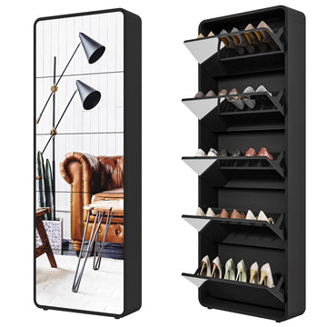 Mirror Shoe Cabinet with 5 Flip Drawers, Black Slim Shoe Storage