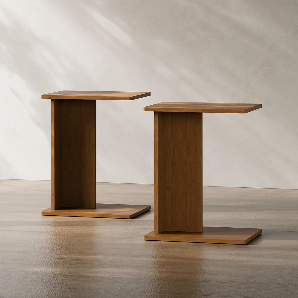 Solid Bamboo C-Shaped End Table Set of 2, Sustainable Mid-Century Modern Wood Sofa Side Table, Easy Assembly (Walnut)