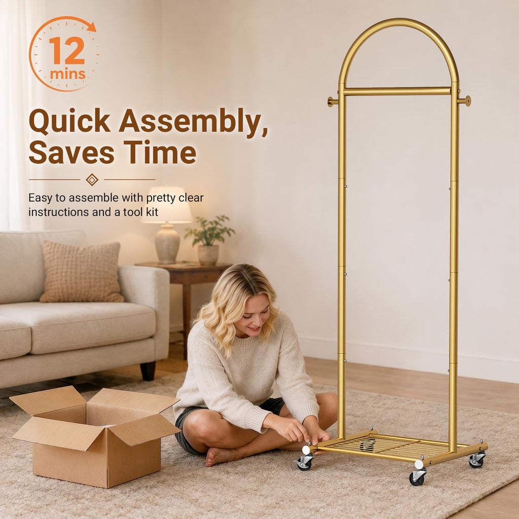 18" Small Clothes Racks for Hanging Clothes Arched Shape Gold Clothing Rack with Wheels 70.6" Metal Rolling Garment