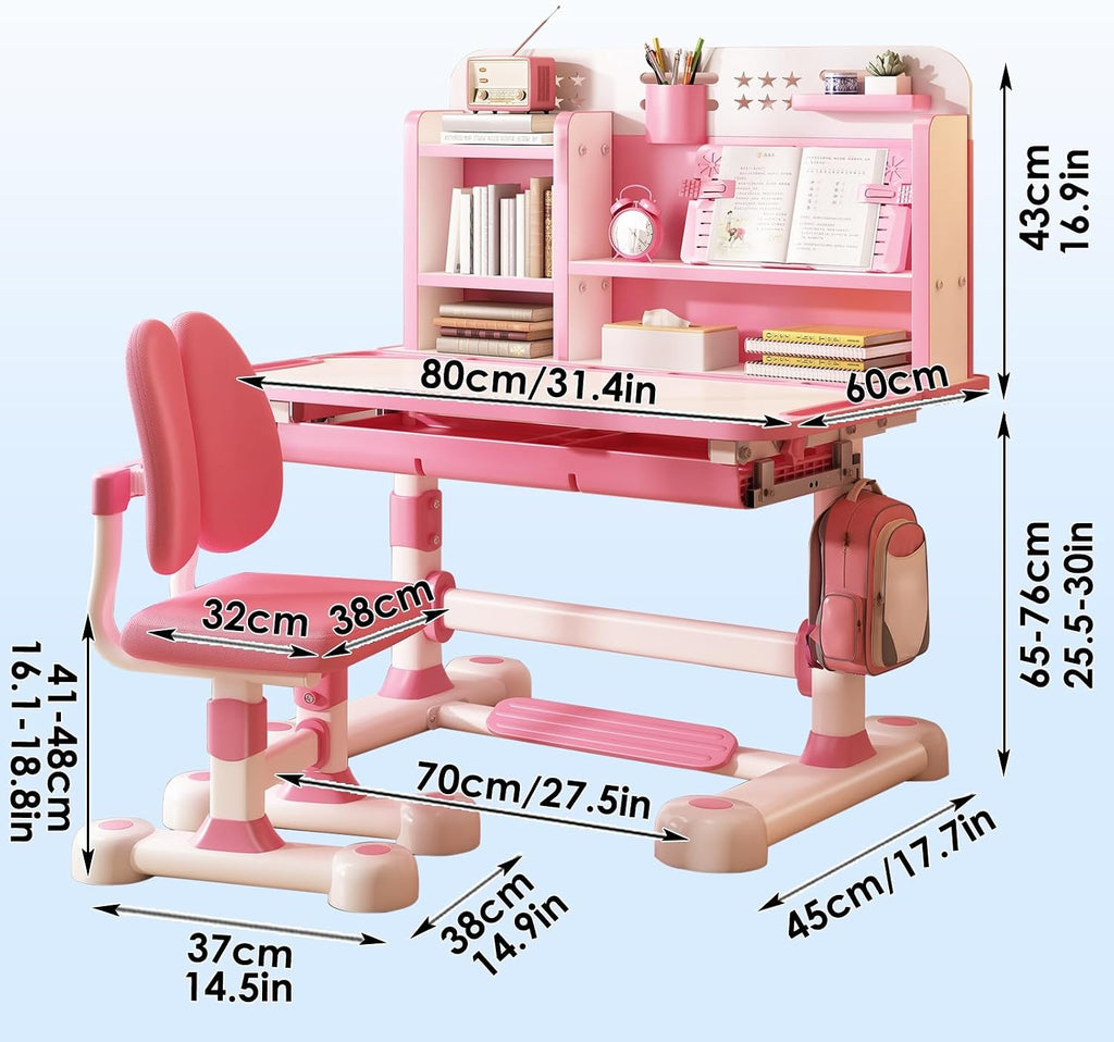 Kids Desk and Chair Set, Adjustable Height & Tilting Desktop Girls Desk