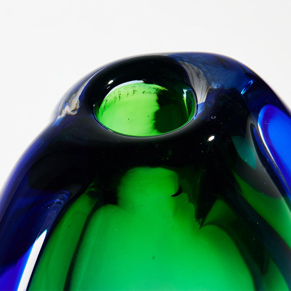 Hand Blown Sommerso Oval Art Glass Vase for Decor 10 inch Tall Centerpiece Table Decoration Emerald Green