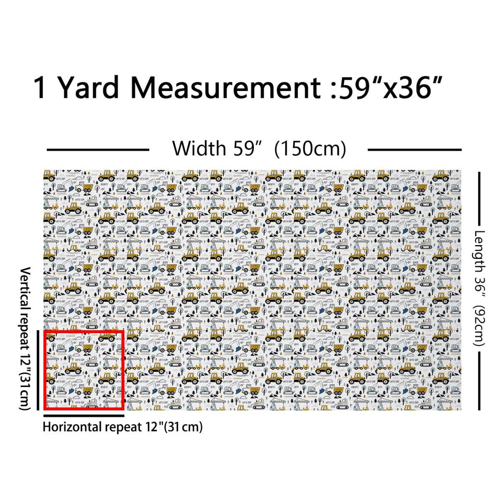 Cartoon Car Fabric by The Yard 36" L x 59" W, Tractor Truck Excavator Soft Polyester No Stretch Sewing, Cute Rainbow