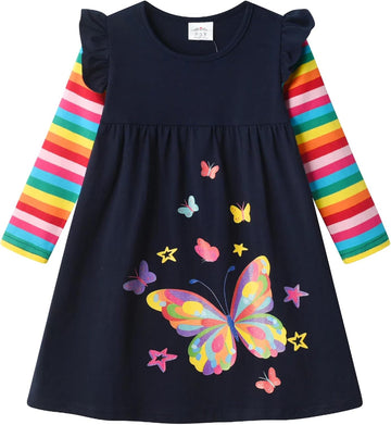 Toddler Girls Winter Long Sleeve Dress Rainbow Cotton Dresses