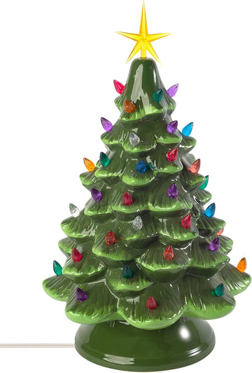 Classic Ceramic Christmas Tree - 15.5" Vintage Green Tree with Separate Base, Multi-Color Lights, Power Cord, Bulb