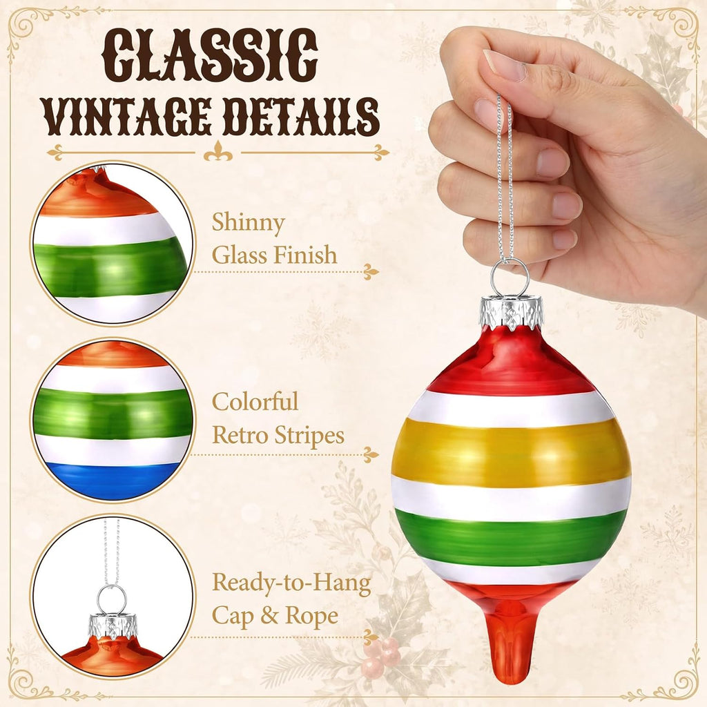 Vintage Glass Christmas Ornaments, Stripes, Festive - Set of 10