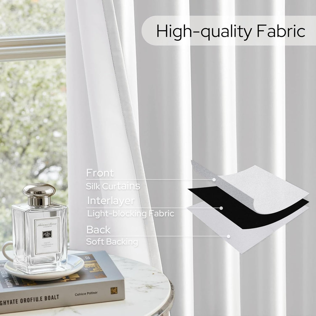 100% Blackout Faux Silk Curtains,Greyish White Noise Reduction Thermal Insulated Room Darkening Window Drapes, Luxury