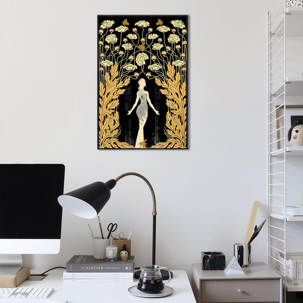 Art Nouveau Goddess Demeter Painting, Black and Gold Print Canvas Art, Bohemian Greek Goddess Poster, Boho Flower and