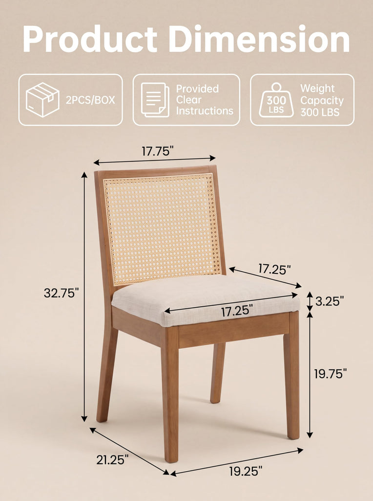 Farmhouse Rattan Dining Chairs Set of 2, Walnut Solid Hardwood Frame, Upholstered Linen Seat, Ergonomic Cane Back