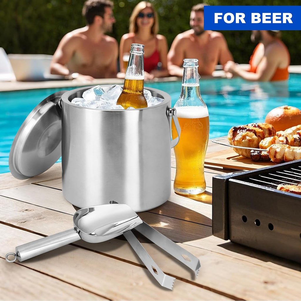 Ice Bucket, 3L Double Wall Insulated Ice Bucket with Lid,Scoop,Tongs- Inner Layer 304 Stainless Steel Ice Container