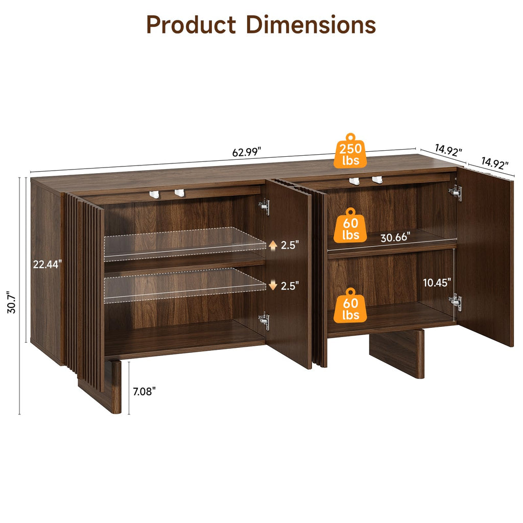 63" Fluted Sideboard Cabinet with Storage Adjustable Shelves Walnut