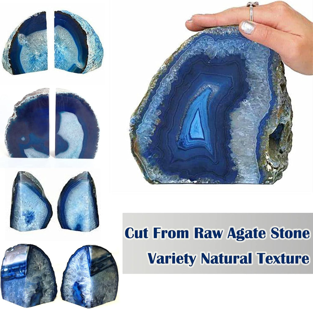 Blue Agate Bookends for Shelves, Geode Crystal Book Ends for Heavy Books, Stone Decor with Rubber Bumpers 1 Pair