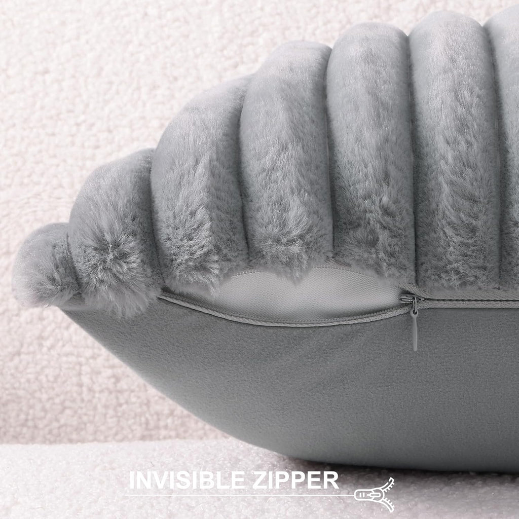 Faux Fur Plush Throw Pillow Covers 18x18 Set of 2, Luxury Soft Fluffy Striped Decorative Pillow Covers, Grey