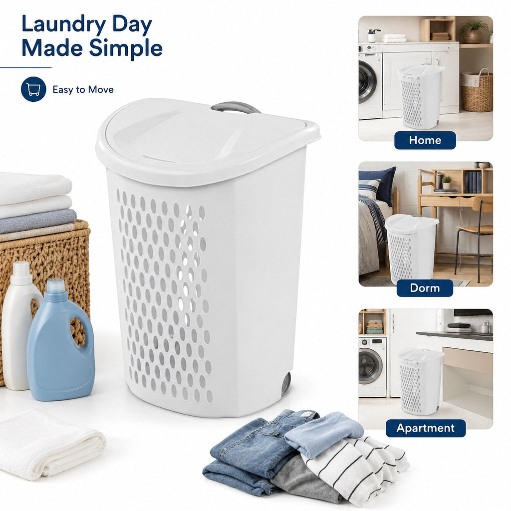 Rolling Laundry Hamper with Lid,White Wheeled Plastic Laundry Hamper
